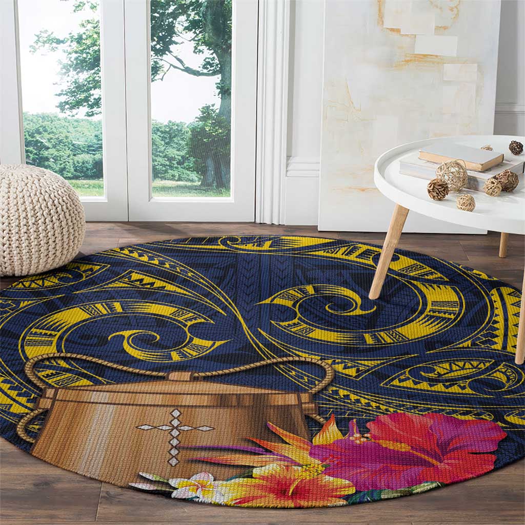 Tokelau Tokehega Day Round Carpet Coat of Arms with Polynesian Tattoo and Hibiscus