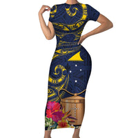 Tokelau Tokehega Day Short Sleeve Bodycon Dress Coat of Arms with Polynesian Tattoo and Hibiscus LT03 Long Dress Blue - Polynesian Pride