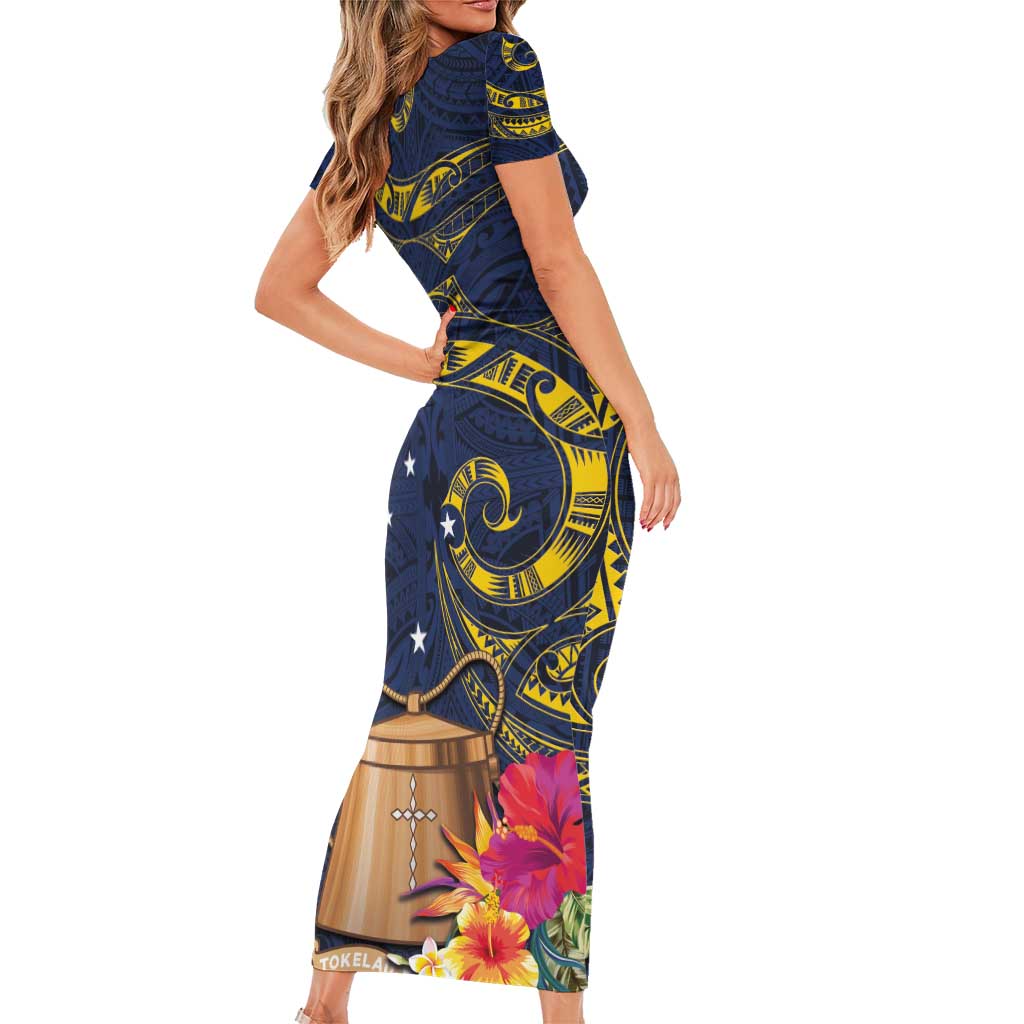 Tokelau Tokehega Day Short Sleeve Bodycon Dress Coat of Arms with Polynesian Tattoo and Hibiscus LT03 - Polynesian Pride
