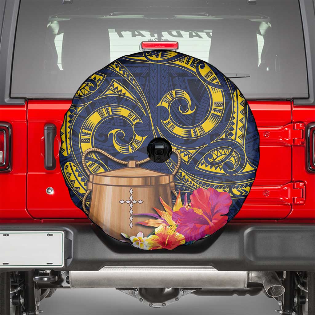 Tokelau Tokehega Day Spare Tire Cover Coat of Arms with Polynesian Tattoo and Hibiscus