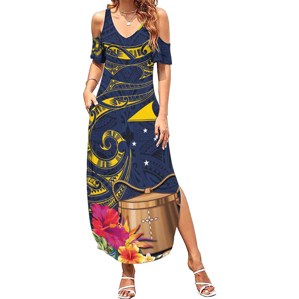 Tokelau Tokehega Day Summer Maxi Dress Coat of Arms with Polynesian Tattoo and Hibiscus LT03 Women Blue - Polynesian Pride