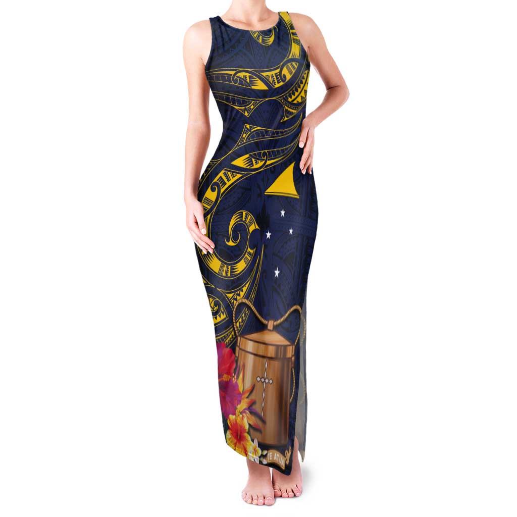 Tokelau Tokehega Day Tank Maxi Dress Coat of Arms with Polynesian Tattoo and Hibiscus LT03 Women Blue - Polynesian Pride