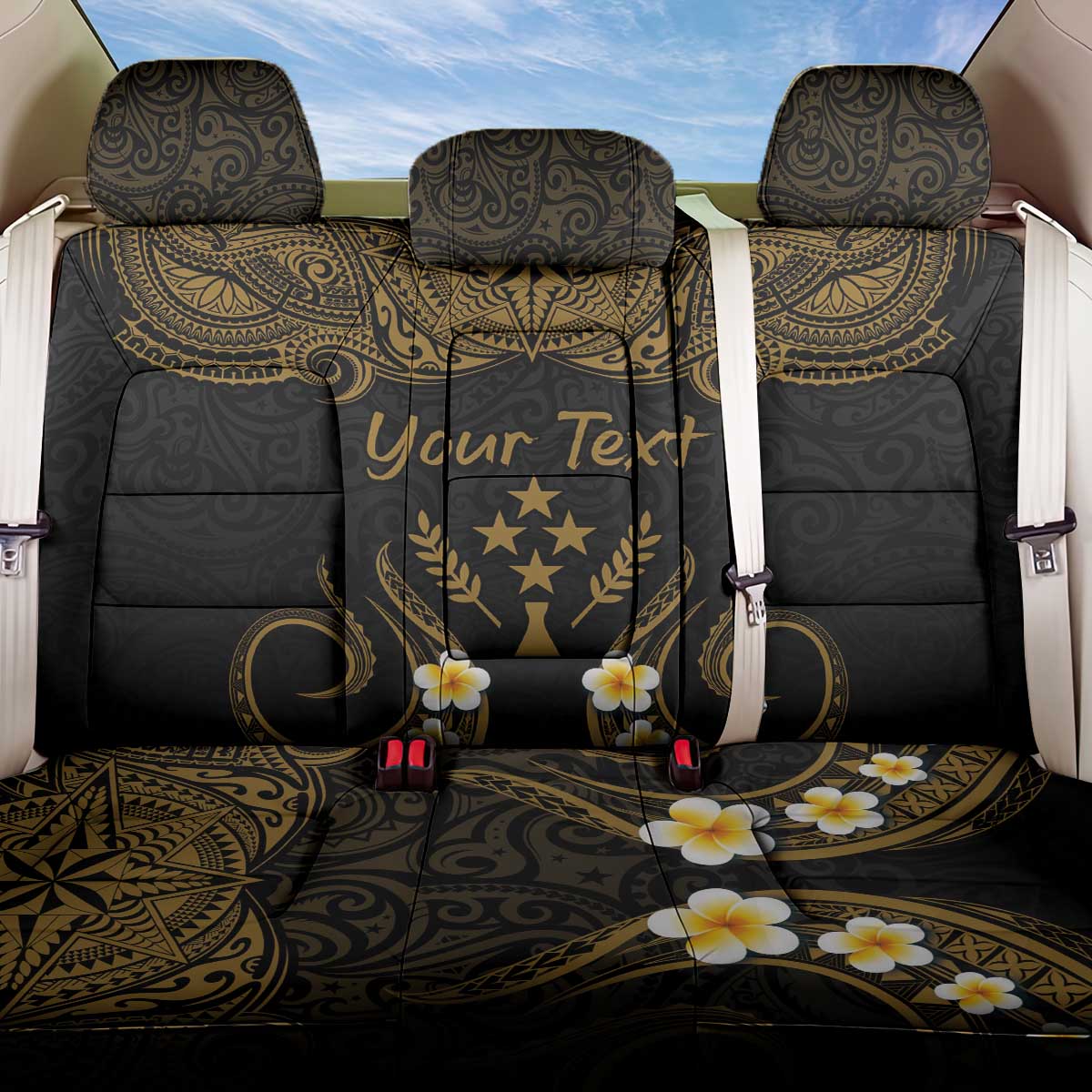 Personalised Kosrae Liberation Day Back Car Seat Cover Polynesian Tattoo and Plumeria Gold Color LT03 One Size Gold - Polynesian Pride
