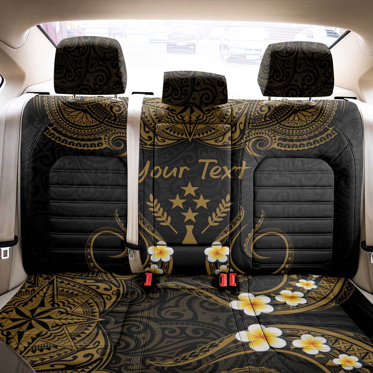 Personalised Kosrae Liberation Day Back Car Seat Cover Polynesian Tattoo and Plumeria Gold Color LT03 - Polynesian Pride