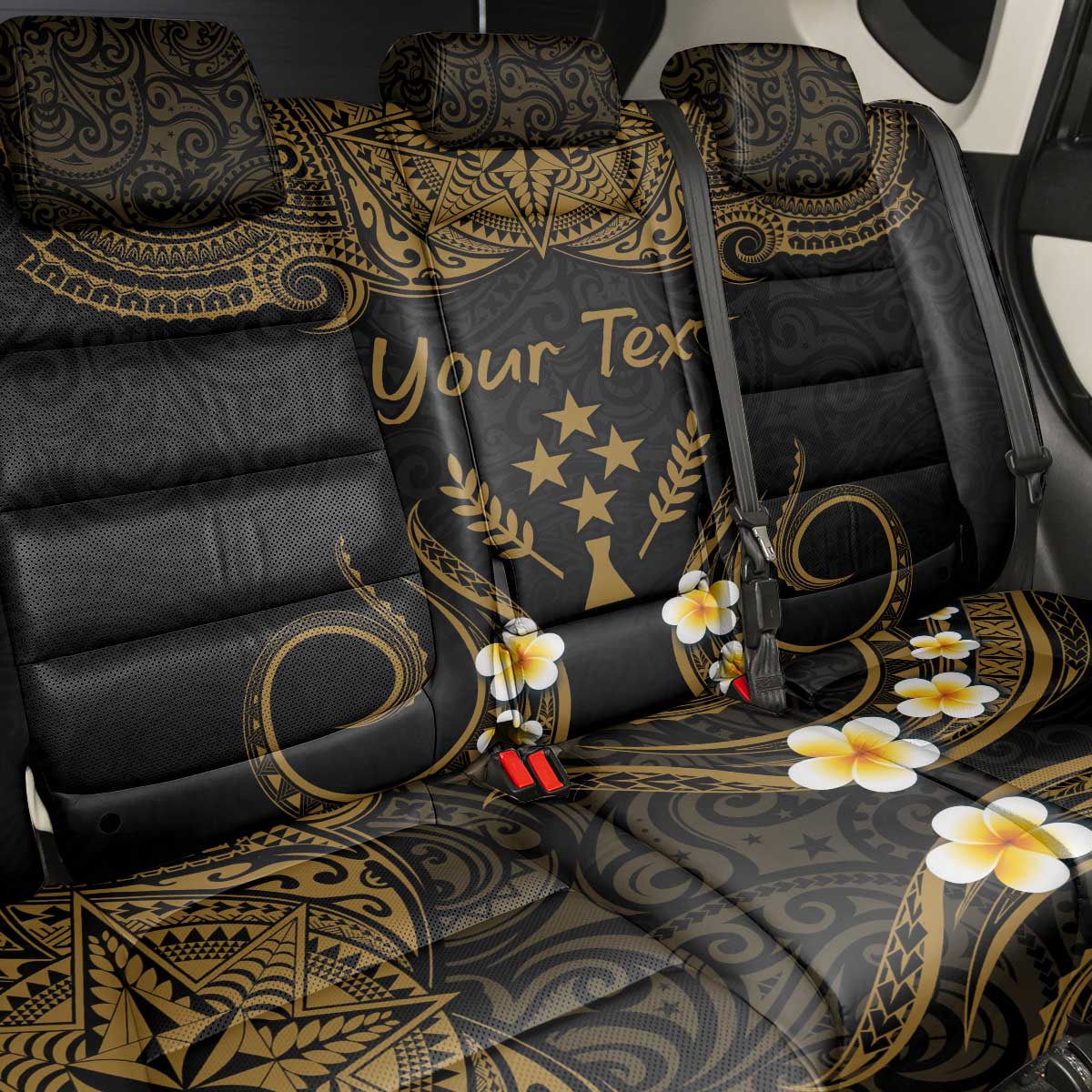 Personalised Kosrae Liberation Day Back Car Seat Cover Polynesian Tattoo and Plumeria Gold Color LT03 - Polynesian Pride