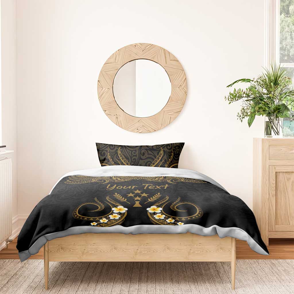 Personalised Kosrae Liberation Day Bedding Set Polynesian Tattoo and Plumeria Gold Color