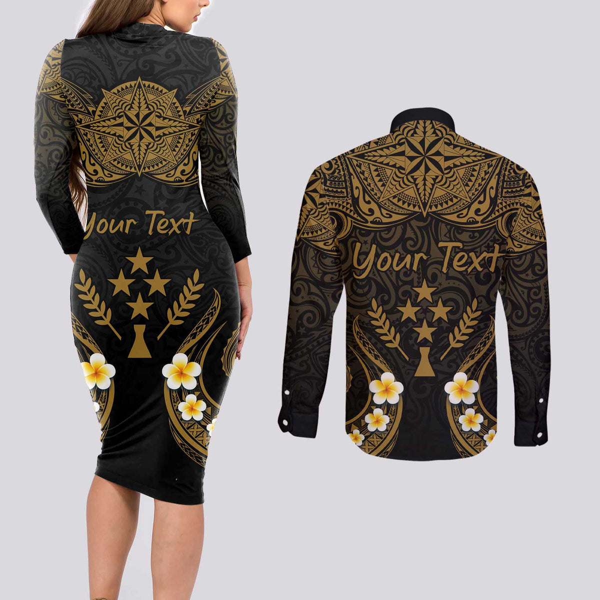 Personalised Kosrae Liberation Day Couples Matching Long Sleeve Bodycon Dress and Long Sleeve Button Shirt Polynesian Tattoo and Plumeria Gold Color LT03 - Polynesian Pride