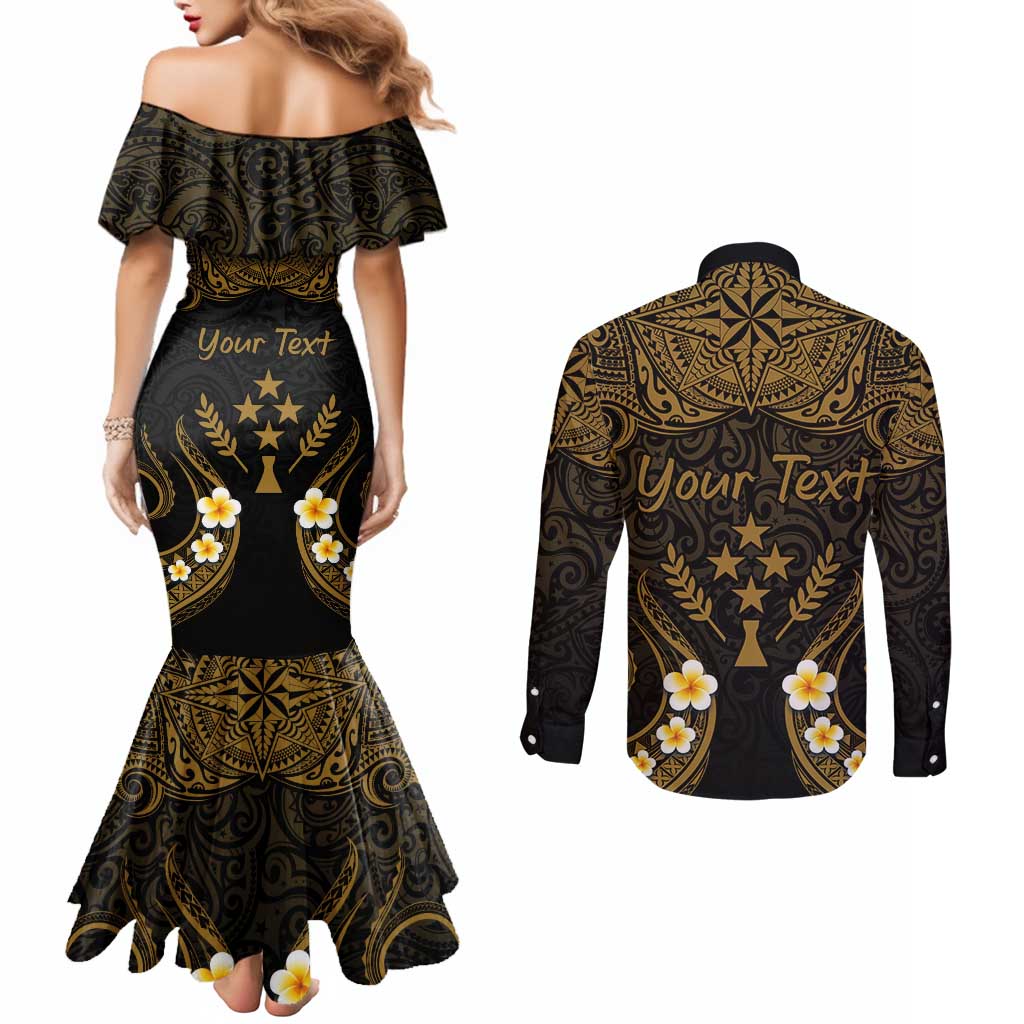 Personalised Kosrae Liberation Day Couples Matching Mermaid Dress and Long Sleeve Button Shirt Polynesian Tattoo and Plumeria Gold Color LT03 - Polynesian Pride