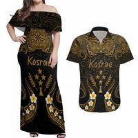 Personalised Kosrae Liberation Day Couples Matching Off Shoulder Maxi Dress and Hawaiian Shirt Polynesian Tattoo and Plumeria Gold Color LT03 Gold - Polynesian Pride