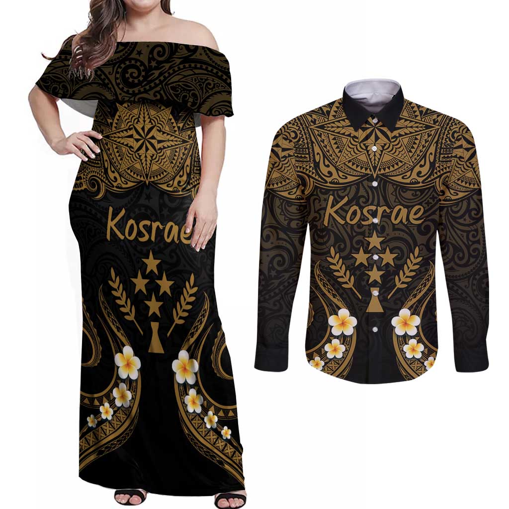 Personalised Kosrae Liberation Day Couples Matching Off Shoulder Maxi Dress and Long Sleeve Button Shirt Polynesian Tattoo and Plumeria Gold Color LT03 Gold - Polynesian Pride