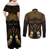 Personalised Kosrae Liberation Day Couples Matching Off Shoulder Maxi Dress and Long Sleeve Button Shirt Polynesian Tattoo and Plumeria Gold Color LT03 - Polynesian Pride