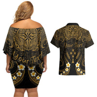 Personalised Kosrae Liberation Day Couples Matching Off Shoulder Short Dress and Hawaiian Shirt Polynesian Tattoo and Plumeria Gold Color LT03 - Polynesian Pride