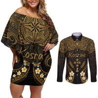 Personalised Kosrae Liberation Day Couples Matching Off Shoulder Short Dress and Long Sleeve Button Shirt Polynesian Tattoo and Plumeria Gold Color LT03 Gold - Polynesian Pride