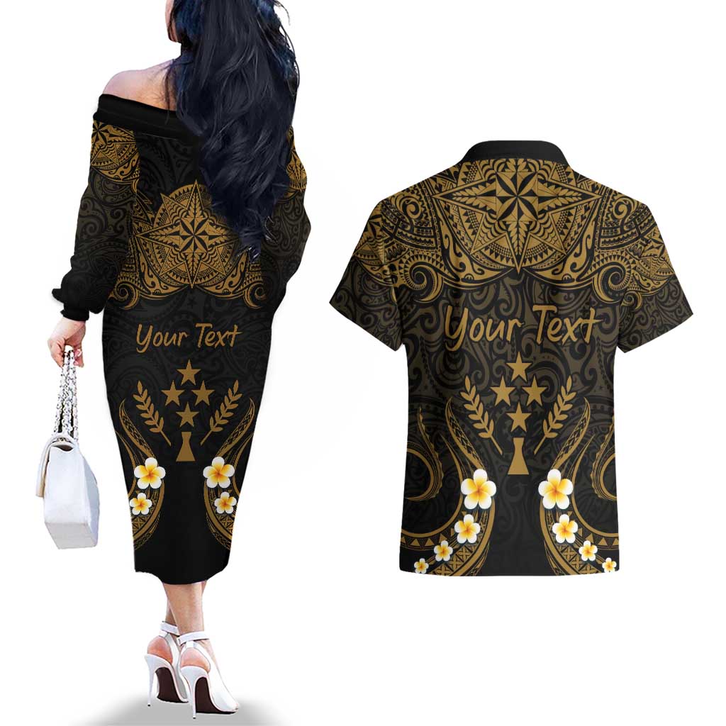 Personalised Kosrae Liberation Day Couples Matching Off The Shoulder Long Sleeve Dress and Hawaiian Shirt Polynesian Tattoo and Plumeria Gold Color LT03 - Polynesian Pride