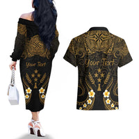 Personalised Kosrae Liberation Day Couples Matching Off The Shoulder Long Sleeve Dress and Hawaiian Shirt Polynesian Tattoo and Plumeria Gold Color LT03 - Polynesian Pride