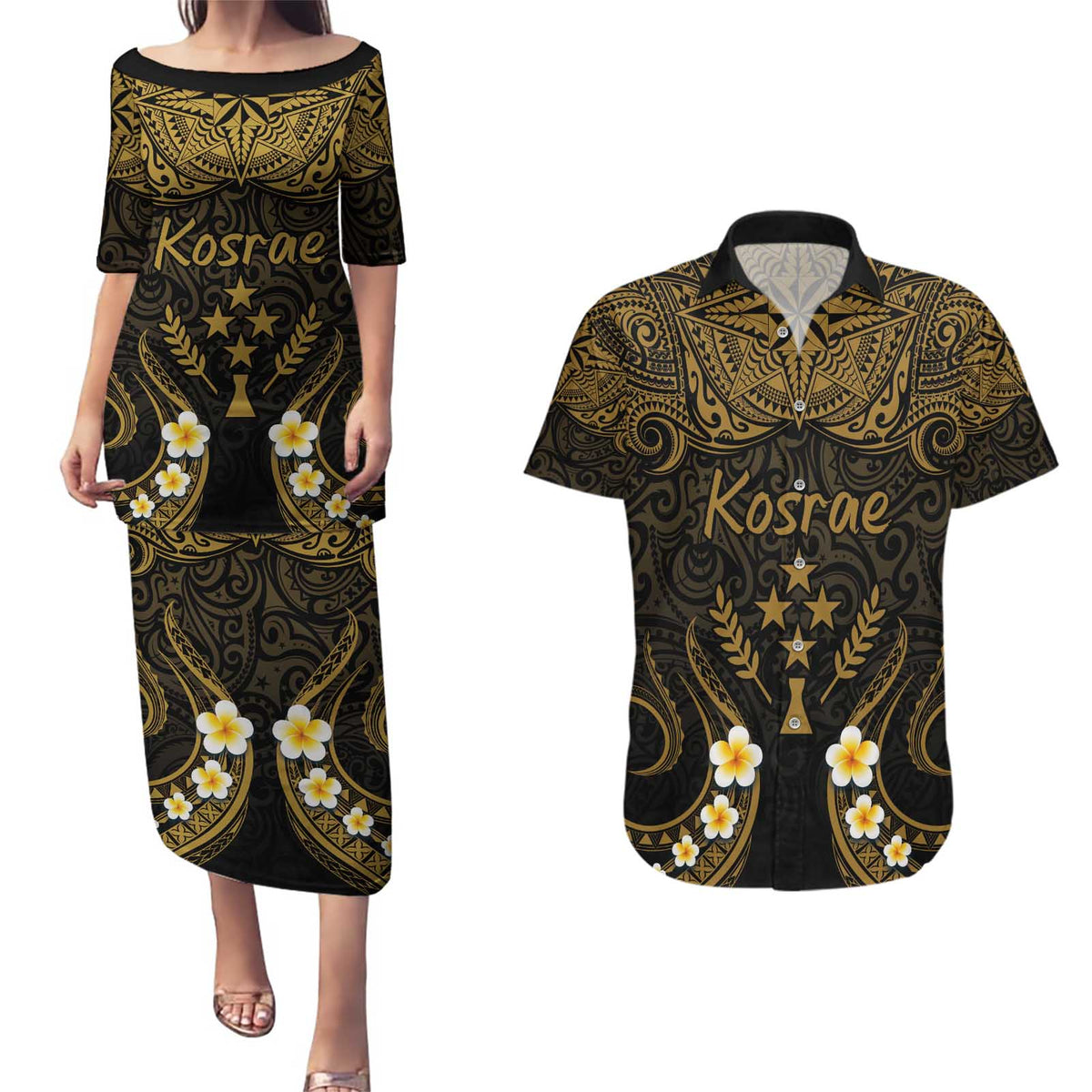 Personalised Kosrae Liberation Day Couples Matching Puletasi and Hawaiian Shirt Polynesian Tattoo and Plumeria Gold Color LT03 Gold - Polynesian Pride
