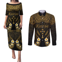 Personalised Kosrae Liberation Day Couples Matching Puletasi and Long Sleeve Button Shirt Polynesian Tattoo and Plumeria Gold Color LT03 Gold - Polynesian Pride