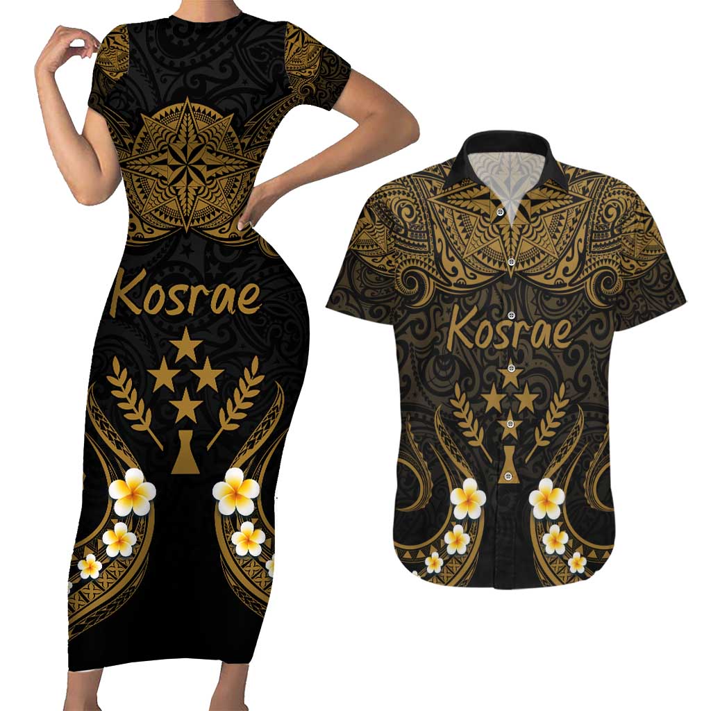 Personalised Kosrae Liberation Day Couples Matching Short Sleeve Bodycon Dress and Hawaiian Shirt Polynesian Tattoo and Plumeria Gold Color LT03 Gold - Polynesian Pride