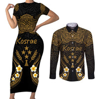Personalised Kosrae Liberation Day Couples Matching Short Sleeve Bodycon Dress and Long Sleeve Button Shirt Polynesian Tattoo and Plumeria Gold Color LT03 Gold - Polynesian Pride