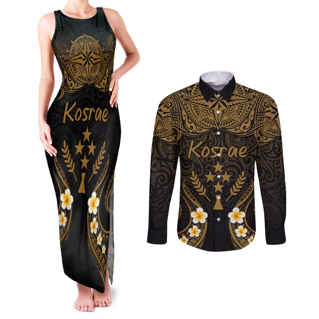Personalised Kosrae Liberation Day Couples Matching Tank Maxi Dress and Long Sleeve Button Shirt Polynesian Tattoo and Plumeria Gold Color LT03 Gold - Polynesian Pride