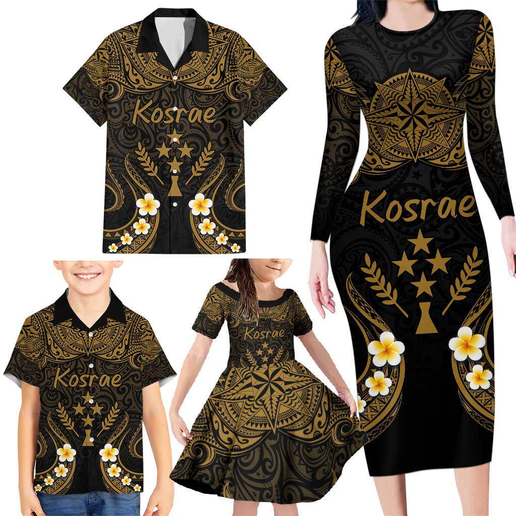Personalised Kosrae Liberation Day Family Matching Long Sleeve Bodycon Dress and Hawaiian Shirt Polynesian Tattoo and Plumeria Gold Color LT03 - Polynesian Pride