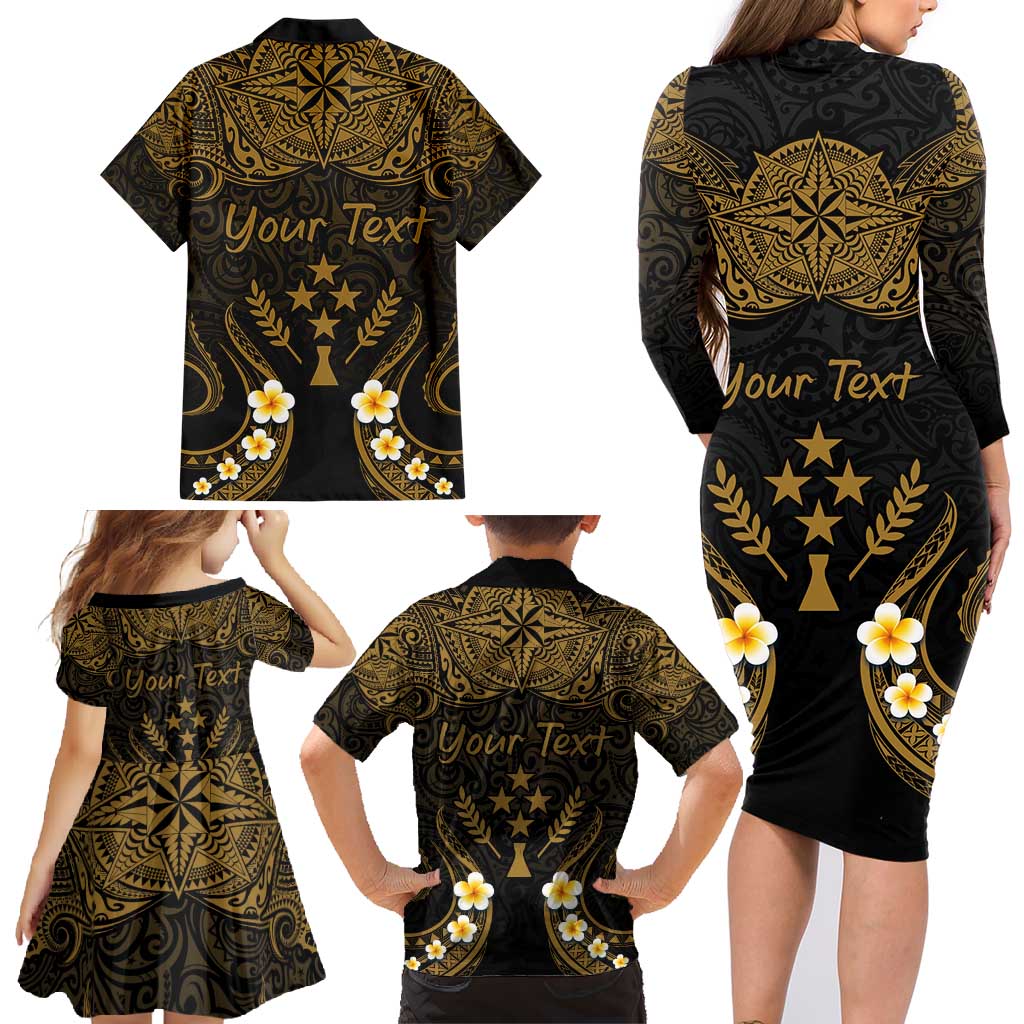 Personalised Kosrae Liberation Day Family Matching Long Sleeve Bodycon Dress and Hawaiian Shirt Polynesian Tattoo and Plumeria Gold Color LT03 - Polynesian Pride