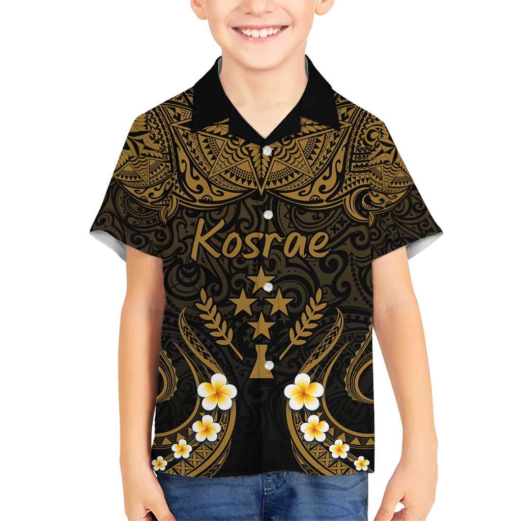 Personalised Kosrae Liberation Day Family Matching Long Sleeve Bodycon Dress and Hawaiian Shirt Polynesian Tattoo and Plumeria Gold Color LT03 Son's Shirt Gold - Polynesian Pride