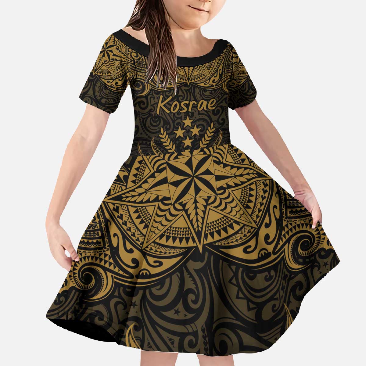 Personalised Kosrae Liberation Day Family Matching Off The Shoulder Long Sleeve Dress and Hawaiian Shirt Polynesian Tattoo and Plumeria Gold Color LT03 Daughter's Dress Gold - Polynesian Pride