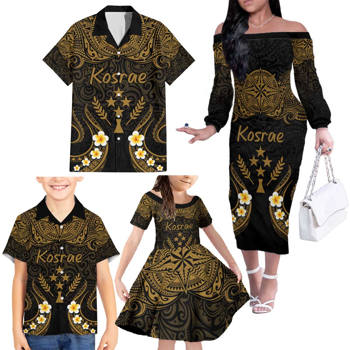 Personalised Kosrae Liberation Day Family Matching Off The Shoulder Long Sleeve Dress and Hawaiian Shirt Polynesian Tattoo and Plumeria Gold Color LT03 - Polynesian Pride
