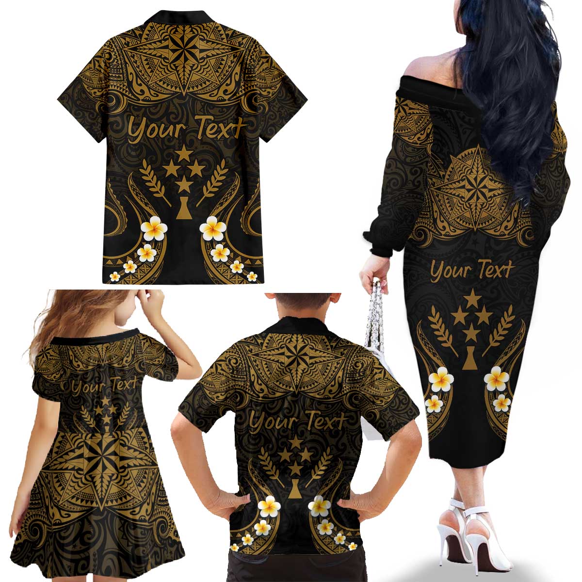 Personalised Kosrae Liberation Day Family Matching Off The Shoulder Long Sleeve Dress and Hawaiian Shirt Polynesian Tattoo and Plumeria Gold Color LT03 - Polynesian Pride