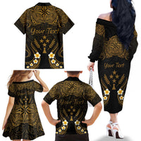 Personalised Kosrae Liberation Day Family Matching Off The Shoulder Long Sleeve Dress and Hawaiian Shirt Polynesian Tattoo and Plumeria Gold Color LT03 - Polynesian Pride
