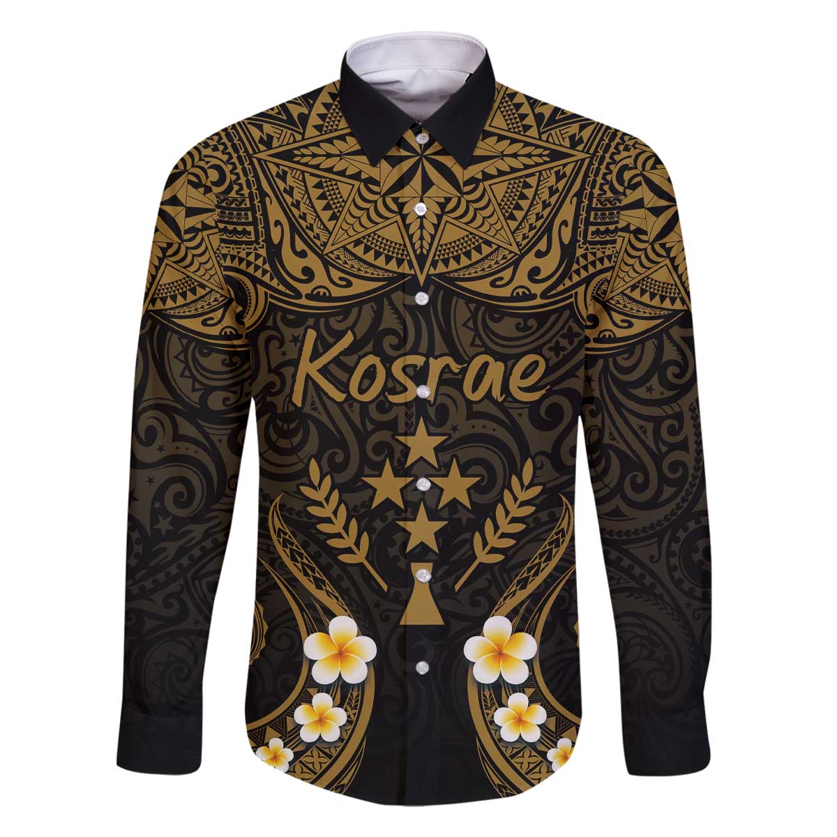 Personalised Kosrae Liberation Day Family Matching Off The Shoulder Long Sleeve Dress and Hawaiian Shirt Polynesian Tattoo and Plumeria Gold Color LT03 Dad's Shirt - Long Sleeve Gold - Polynesian Pride