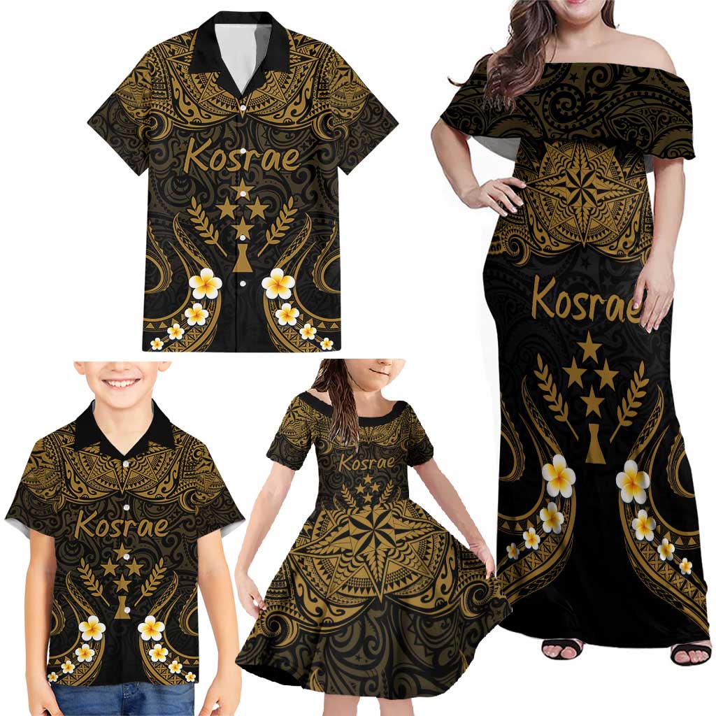 Personalised Kosrae Liberation Day Family Matching Off Shoulder Maxi Dress and Hawaiian Shirt Polynesian Tattoo and Plumeria Gold Color LT03 - Polynesian Pride