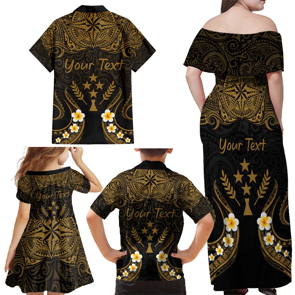 Personalised Kosrae Liberation Day Family Matching Off Shoulder Maxi Dress and Hawaiian Shirt Polynesian Tattoo and Plumeria Gold Color LT03 - Polynesian Pride