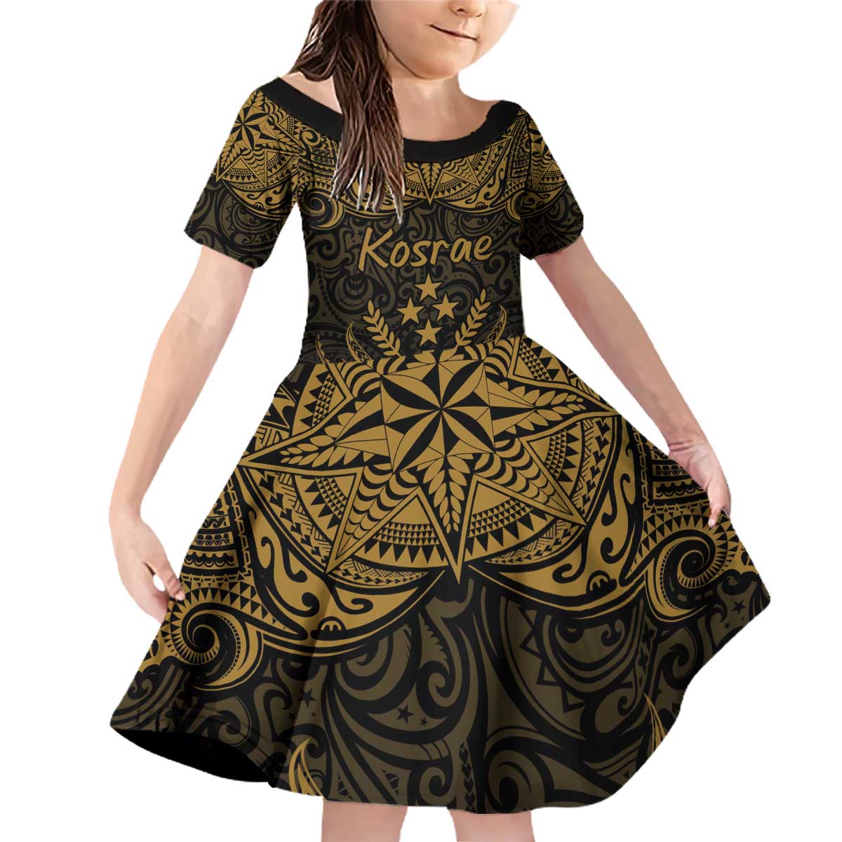 Personalised Kosrae Liberation Day Family Matching Off Shoulder Short Dress and Hawaiian Shirt Polynesian Tattoo and Plumeria Gold Color LT03 Daughter's Dress Gold - Polynesian Pride