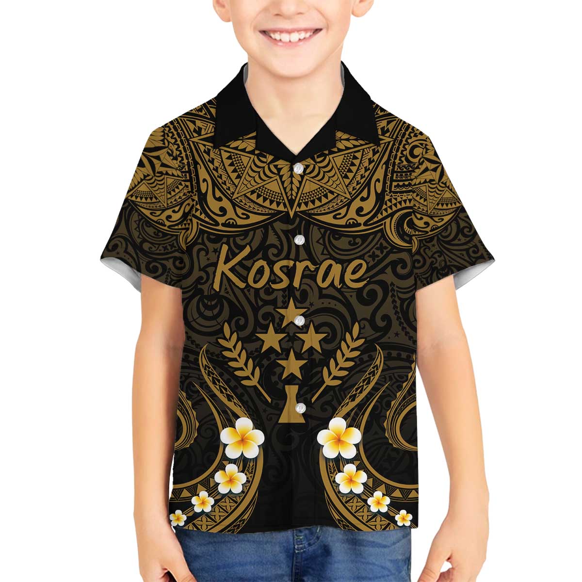 Personalised Kosrae Liberation Day Family Matching Off Shoulder Short Dress and Hawaiian Shirt Polynesian Tattoo and Plumeria Gold Color LT03 Son's Shirt Gold - Polynesian Pride