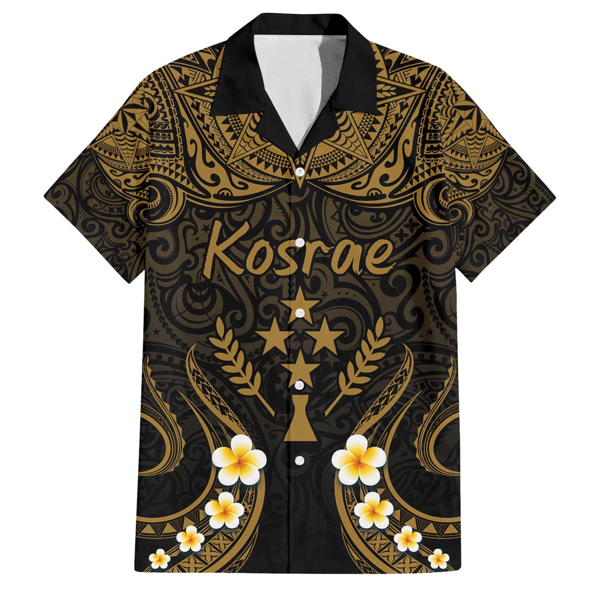 Personalised Kosrae Liberation Day Family Matching Puletasi and Hawaiian Shirt Polynesian Tattoo and Plumeria Gold Color LT03 Dad's Shirt - Short Sleeve Gold - Polynesian Pride