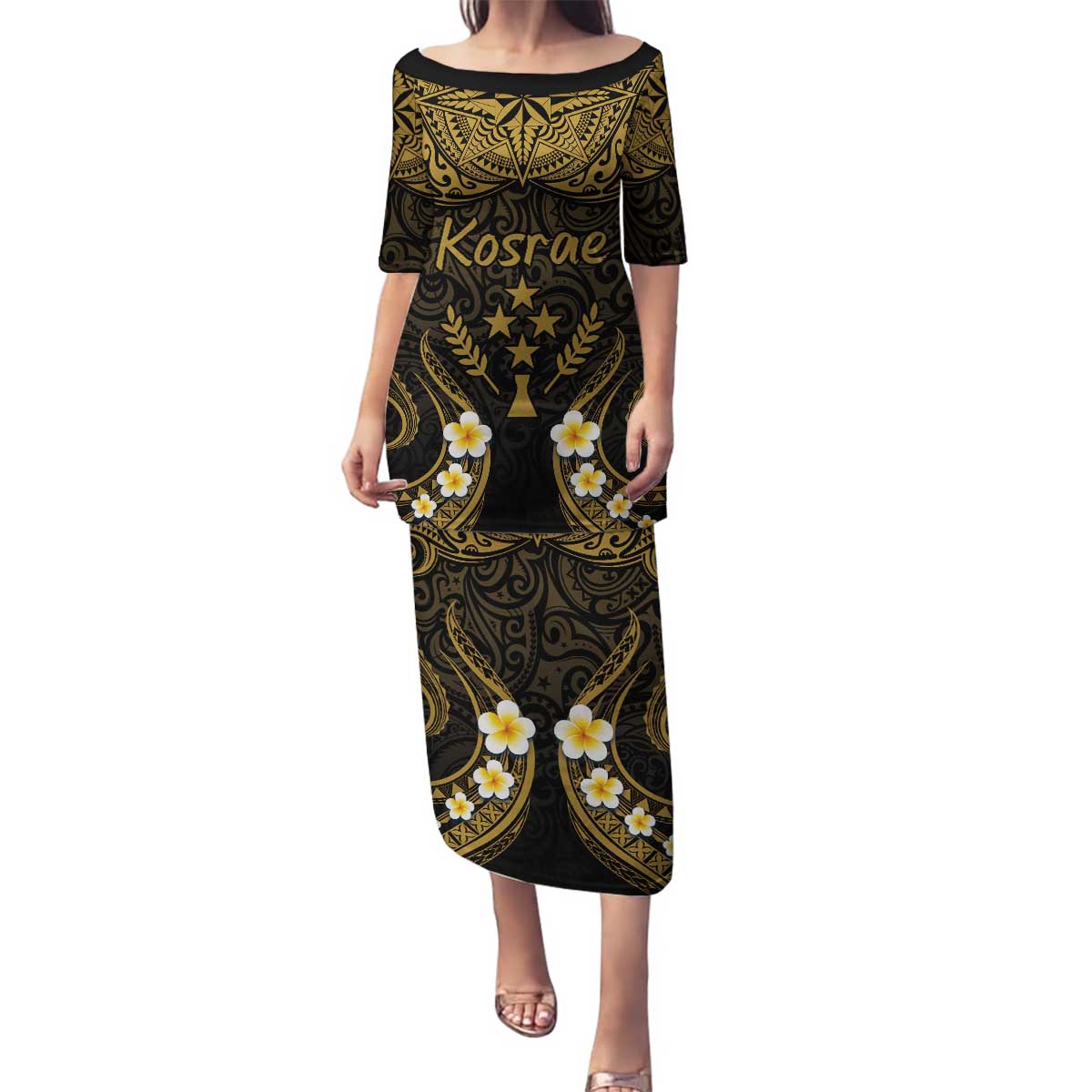 Personalised Kosrae Liberation Day Family Matching Puletasi and Hawaiian Shirt Polynesian Tattoo and Plumeria Gold Color LT03 Mom's Dress Gold - Polynesian Pride