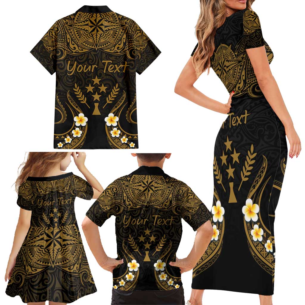 Personalised Kosrae Liberation Day Family Matching Short Sleeve Bodycon Dress and Hawaiian Shirt Polynesian Tattoo and Plumeria Gold Color LT03 - Polynesian Pride