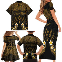 Personalised Kosrae Liberation Day Family Matching Short Sleeve Bodycon Dress and Hawaiian Shirt Polynesian Tattoo and Plumeria Gold Color LT03 - Polynesian Pride