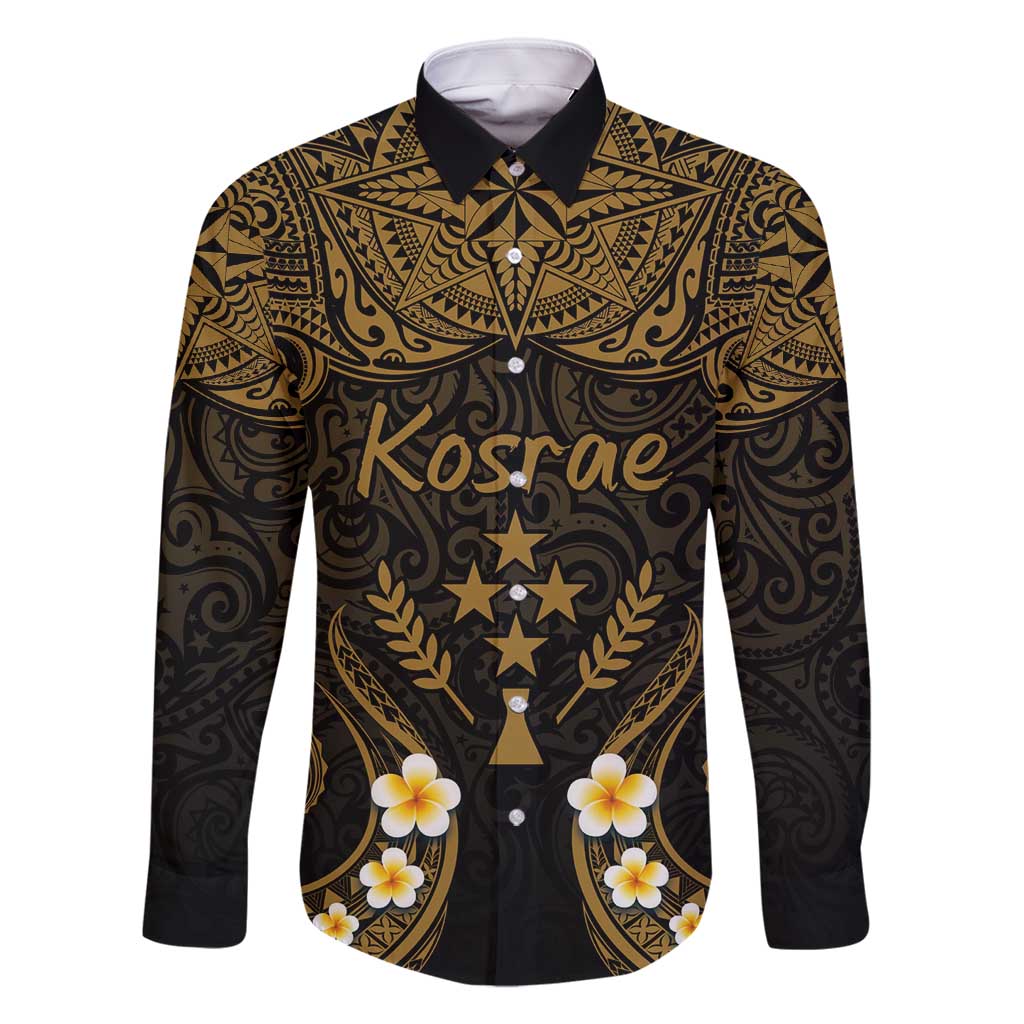 Personalised Kosrae Liberation Day Family Matching Tank Maxi Dress and Hawaiian Shirt Polynesian Tattoo and Plumeria Gold Color LT03 Dad's Shirt - Long Sleeve Gold - Polynesian Pride