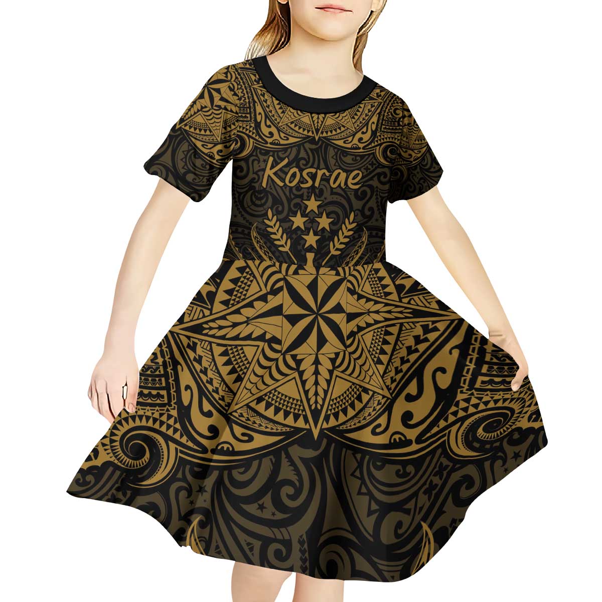 Personalised Kosrae Liberation Day Kid Short Sleeve Dress Polynesian Tattoo and Plumeria Gold Color LT03 - Polynesian Pride