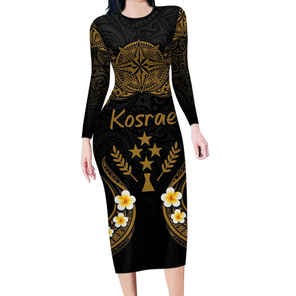 Personalised Kosrae Liberation Day Long Sleeve Bodycon Dress Polynesian Tattoo and Plumeria Gold Color LT03 Long Dress Gold - Polynesian Pride