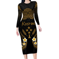 Personalised Kosrae Liberation Day Long Sleeve Bodycon Dress Polynesian Tattoo and Plumeria Gold Color LT03 Long Dress Gold - Polynesian Pride