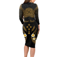 Personalised Kosrae Liberation Day Long Sleeve Bodycon Dress Polynesian Tattoo and Plumeria Gold Color LT03 - Polynesian Pride
