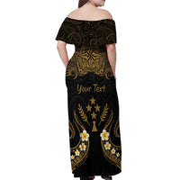 Personalised Kosrae Liberation Day Off Shoulder Maxi Dress Polynesian Tattoo and Plumeria Gold Color LT03 - Polynesian Pride