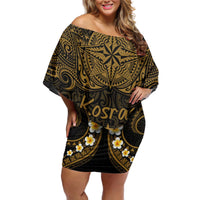 Personalised Kosrae Liberation Day Off Shoulder Short Dress Polynesian Tattoo and Plumeria Gold Color LT03 Women Gold - Polynesian Pride
