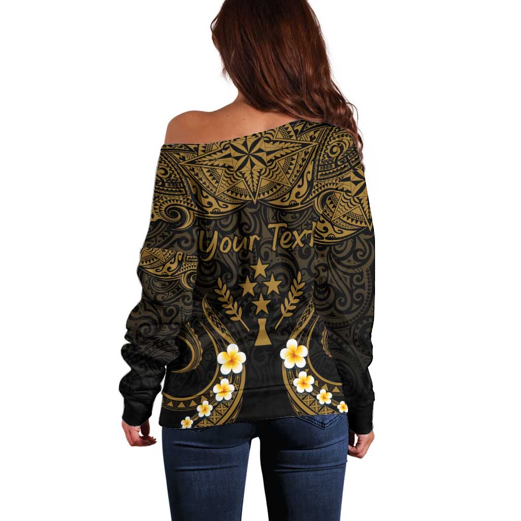 Personalised Kosrae Liberation Day Off Shoulder Sweater Polynesian Tattoo and Plumeria Gold Color