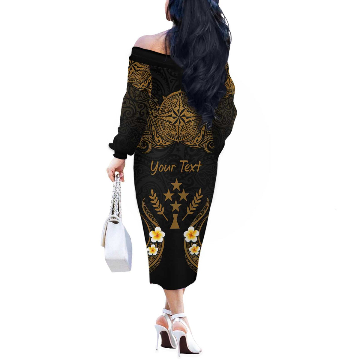 Personalised Kosrae Liberation Day Off The Shoulder Long Sleeve Dress Polynesian Tattoo and Plumeria Gold Color LT03 - Polynesian Pride