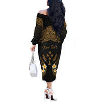 Personalised Kosrae Liberation Day Off The Shoulder Long Sleeve Dress Polynesian Tattoo and Plumeria Gold Color LT03 - Polynesian Pride